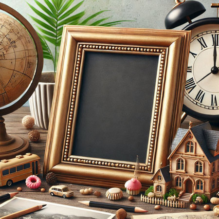 Blank chalkboard on wooden table with vintage alarm clock. Mock up, 3D Renderingの写真素材