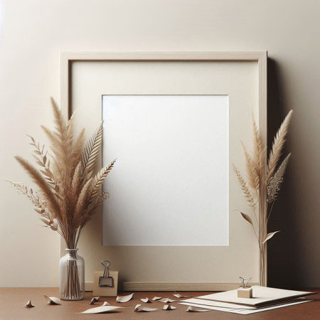 Mock up poster frame, 3d render, beige interior backgroundの写真素材