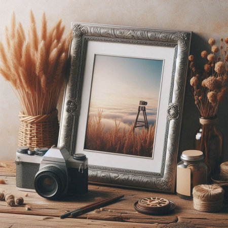 Still life with vintage photo frame, camera and dried flowers on wooden background.