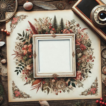 Vintage photo frame on old wooden background with retro camera. Top view.の写真素材