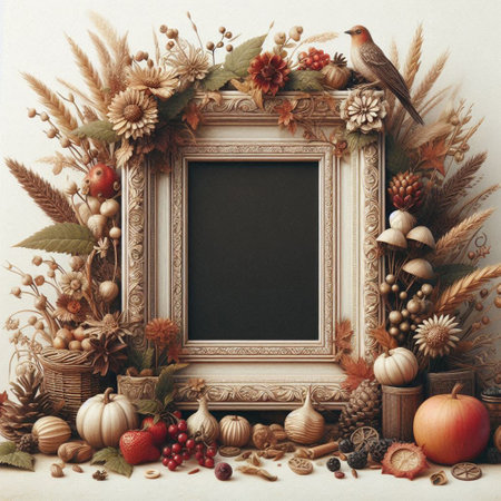 Vintage photo frame with autumn flowers, pumpkins, berries and leaves.の写真素材