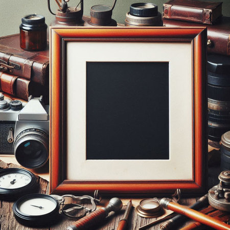 Vintage photo frame with old camera, compass, magnifying glass and other objectsの写真素材