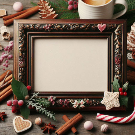 Christmas greeting card with gingerbread cookies in wooden frame, top viewの写真素材