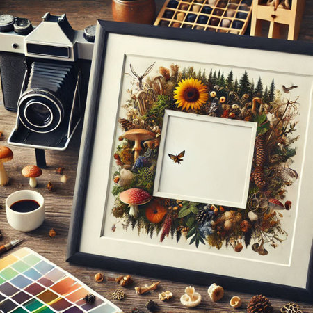 Photo Frame Decorated with Natural Nature Symbols. Flat Layの写真素材