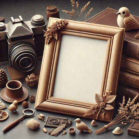 Vintage photo frame, camera, books and other objects on grey backgroundの写真素材