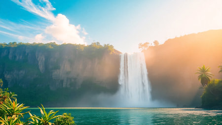 Tropical waterfalls on the lake at sunset. Beautiful nature backgroundの写真素材