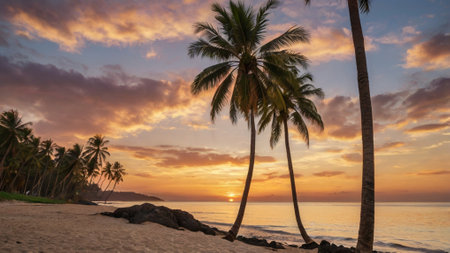 Palm trees on the beach at sunset. Beautiful tropical landscape.