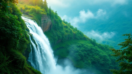 Waterfall in the mountains. Beautiful nature landscape with a waterfall.