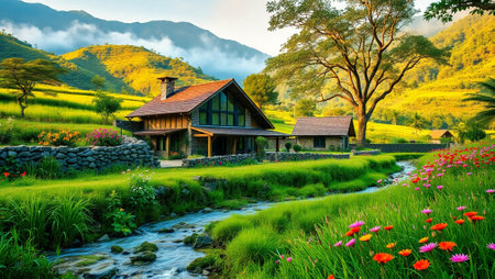 Terraced rice fields in Mae Chaem District, Chiang Mai Province, Thailandの写真素材