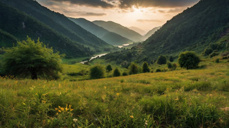 Mountain landscape with a river and a green meadow at sunset