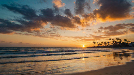 Beautiful sunset on the beach of Playa de las Americas, Dominican Republicの写真素材