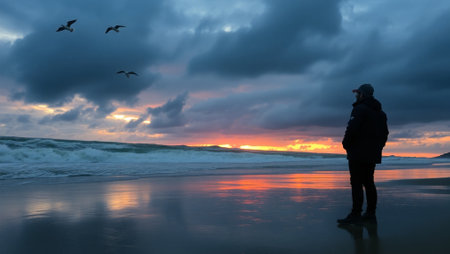 Woman standing on the beach at sunset with a flock of seagullsの写真素材