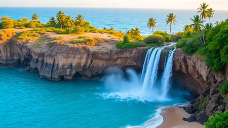 Tropical beach with waterfall and palm trees in Sri Lanka.の写真素材