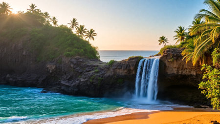 Tropical waterfall on the beach at sunset, Sri Lanka.の写真素材