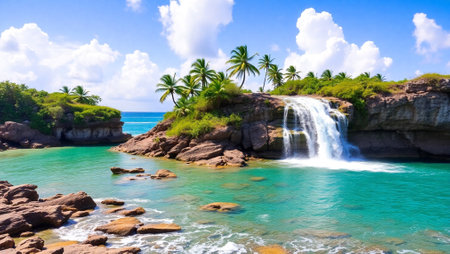 Tropical waterfall in Seychelles, La Digue island