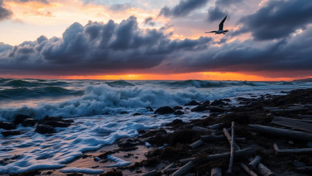 Beautiful seascape at sunset. Dramatic sky with clouds, sea waves and birds.の写真素材