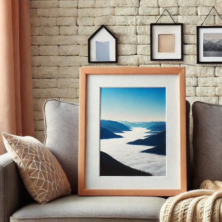Interior of living room with photo frame, sofa and pillows