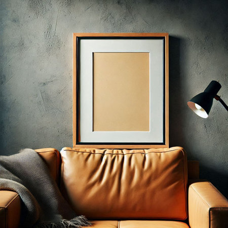 Modern living room interior with brown leather sofa and empty picture frame. Mock up, 3D Renderingの写真素材