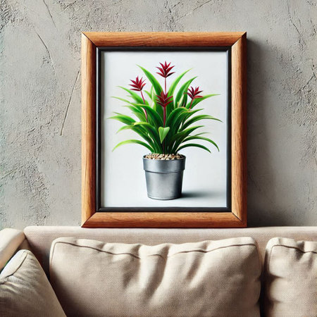 Potted houseplant in a wooden frame on a gray background.の写真素材