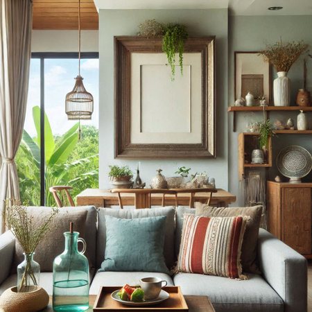 Cozy living room interior with sofa, coffee table, plantsrative pillows and decoration
