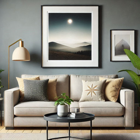 Living room interior with sofa, coffee table and pictures on the wallの写真素材