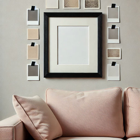 Pillow on sofa and picture frame on wall. Interior design