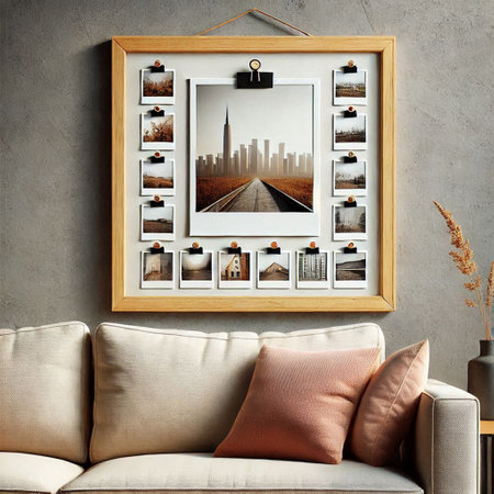 Interior of modern living room with sofa, pillows and photo frames