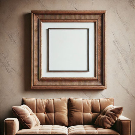 Interior of living room with brown leather sofa and wooden picture frame. 3d renderの写真素材
