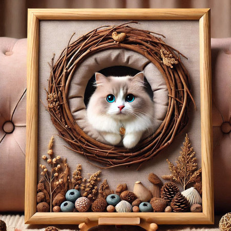 Beautiful cat in wooden frame on sofa, close-up.の写真素材