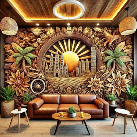 Interior of modern coffee shop with brown leather sofa 3D rendering