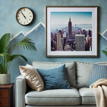 Modern living room interior design with blue sofa, armchair, coffee table, clock, plant, wall clock and city viewの写真素材