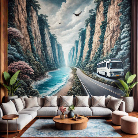 Interior of a modern living room with a view of the sea, mountains and a bus