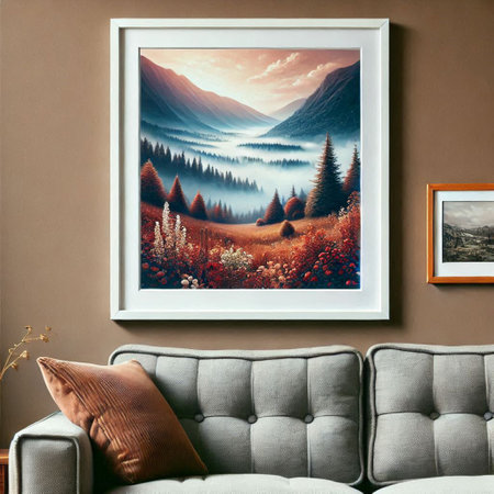 Interior of living room with mock up poster frame, grey sofa, pillows and mountain viewの写真素材