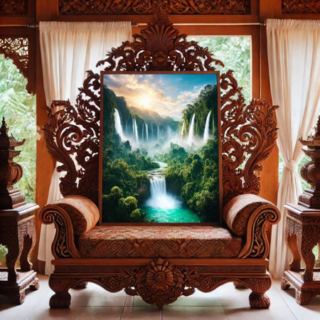 Tropical waterfall on the background of a window with curtains.の写真素材
