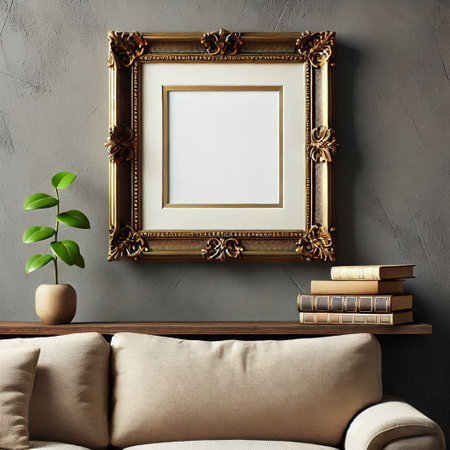Interior of living room with beige sofa, books, coffee table and golden picture frame. 3d render