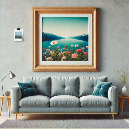 modern living room with sofa and picture frame, 3d render illustration