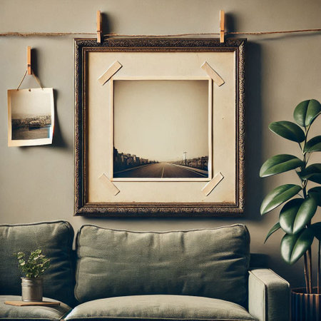 Interior of living room with sofa, plants and picture frame on wallの写真素材