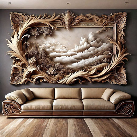 Interior of a living room with a sofa and a picture of cloudsの写真素材