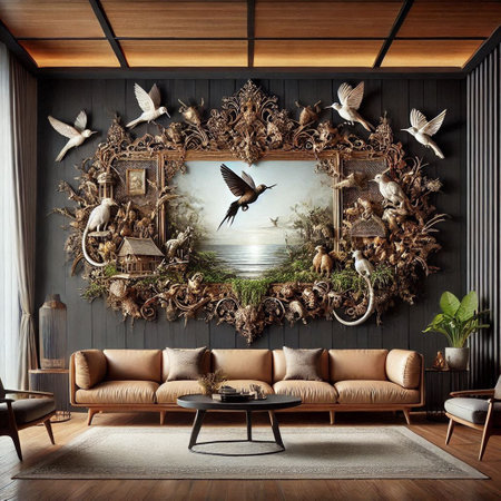 Interior of the modern living room with a brown sofa and a wooden wall with birdsの写真素材