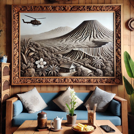 Vintage wooden interior with a picture of the volcano on the wall.