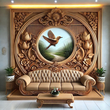 Luxury interior design of living room with sofa and mirror.
