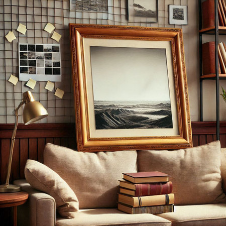 Interior of a living room with a sofa, books and a picture frame