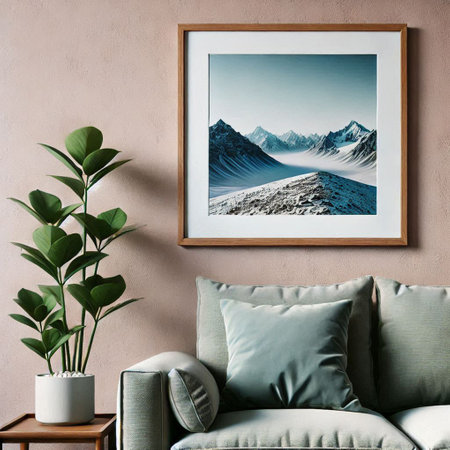 Modern living room interior with green sofa, plant and picture frame on the wall