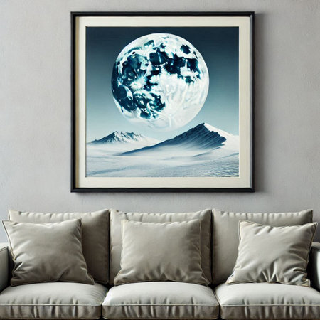 Interior design of living room with sofa, pillows and picture frameの写真素材