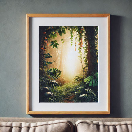 Wooden picture frame mockup with tropical forest background. 3d rendering