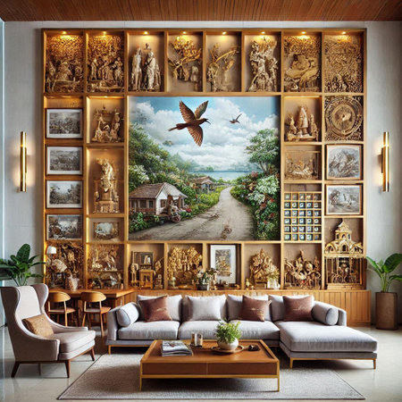 Luxury interior of living room with furniture and paintings on wall