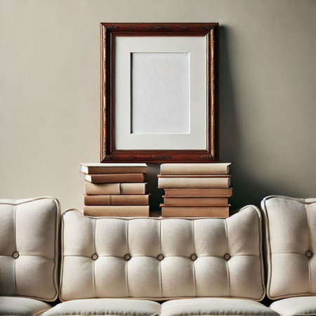 Comfortable sofa with books and blank picture frame on the wall.