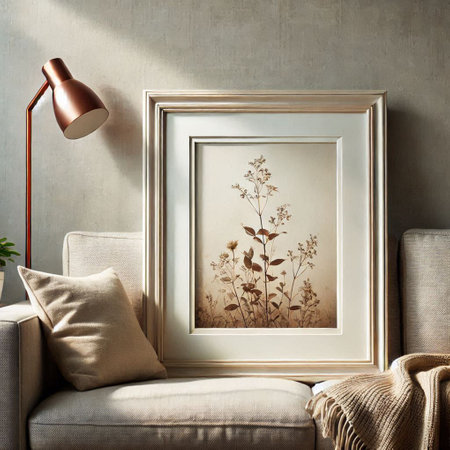 Interior design of living room with mock up poster frame, sofa and lampの写真素材