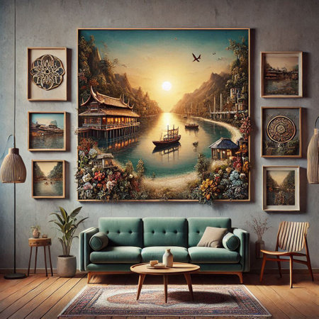 Interior of the living room with a green sofa, a coffee table and a view of the lake. 3d renderの写真素材