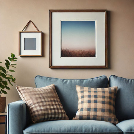 Interior of living room with blue sofa and picture frame on wallの写真素材